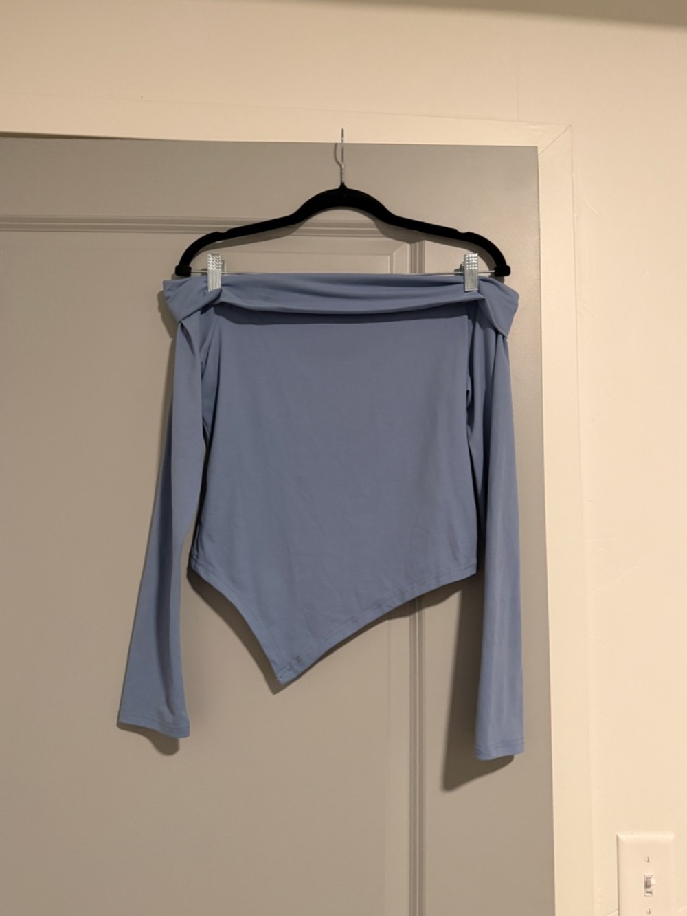 Off-Shoulder Asymmetric Hem Top in Dusty Blue